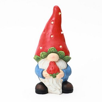 LuxenHome 15.75" Solar Powered Gnome Outdoor Statue with Strawberry Hat, Gnome Sculpture with Lights
