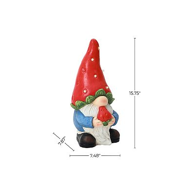 LuxenHome 15.75" Solar Powered Gnome Outdoor Statue with Strawberry Hat, Gnome Sculpture with Lights
