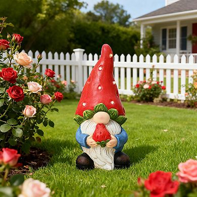 LuxenHome 15.75" Solar Powered Gnome Outdoor Statue with Strawberry Hat, Gnome Sculpture with Lights