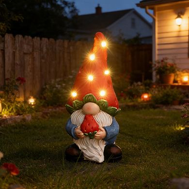LuxenHome 15.75" Solar Powered Gnome Outdoor Statue with Strawberry Hat, Gnome Sculpture with Lights