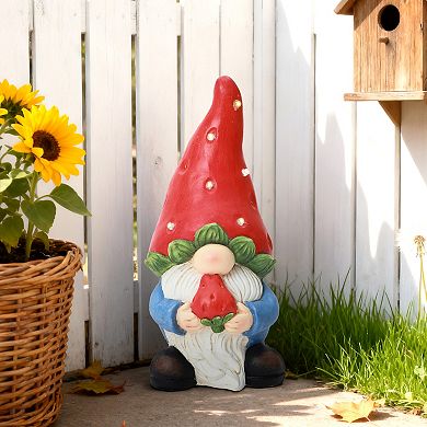 LuxenHome 15.75" Solar Powered Gnome Outdoor Statue with Strawberry Hat, Gnome Sculpture with Lights