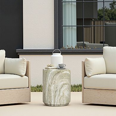 LuxenHome 17.9" Round Outdoor Accent Table, Marbled Look Patio Side Table for Indoor Outdoor Use