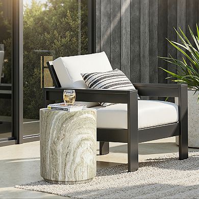 LuxenHome 17.9" Round Outdoor Accent Table, Marbled Look Patio Side Table for Indoor Outdoor Use