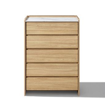 LuxenHome 47.2” Tall Hazel Oak 5-Drawer Chest with Raised Sides, Faux Marble Top, Manufactured Wood