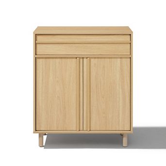LuxenHome 31.5” Hazel Oak Manufactured Wood Storage Cabinet with Drawer & Rubberwood Legs