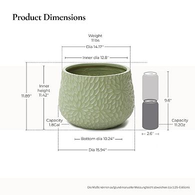LuxenHome Green Leaf Embossed MgO Planter, 15.94" Textured Pot for Outdoor & Indoor
