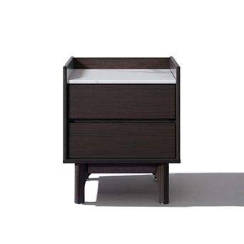 LuxenHome 23” Modi Wenge Nightstand & End Table with 2 Drawers, Raised Sides, Faux Marble Top