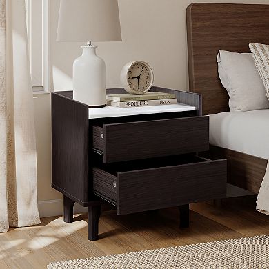LuxenHome Modern Nightstand with Faux Marble Top, 23" Wenge Black Bediside Table with Drawer