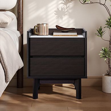 LuxenHome Modern Nightstand with Faux Marble Top, 23" Wenge Black Bediside Table with Drawer