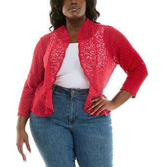 Plus Size Nina Leonard Ruffle Open Front Lace Bolero