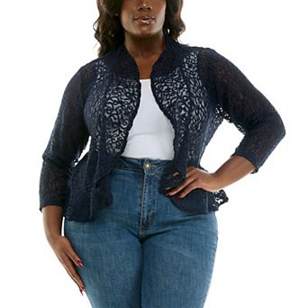 Plus Size Nina Leonard Ruffle Open Front Lace Bolero