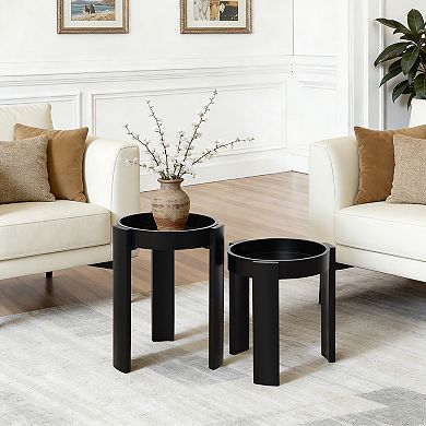 LuxenHome Set of 2 Black Nesting Tables, Space Saving Modern Round Side Table Set for Living Room