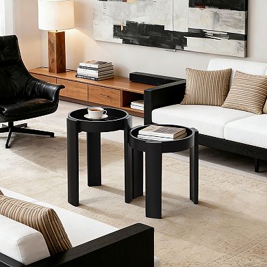 LuxenHome Set of 2 Black Nesting Tables, Space Saving Modern Round Side Table Set for Living Room