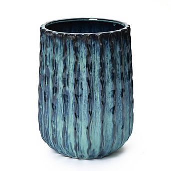LuxenHome Verdant Rise Ribbed Ceramic Planter, Coastal Gradient Decorative Pot