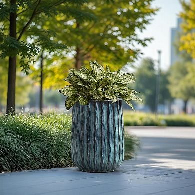 LuxenHome Verdant Rise Ribbed Ceramic Planter, Coastal Gradient Decorative Pot