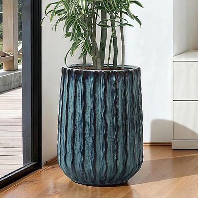 LuxenHome Verdant Rise Ribbed Ceramic Planter, Coastal Gradient Decorative Pot