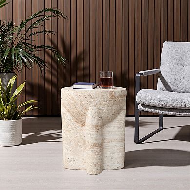 LuxenHome 18.3" Marbled Brown & White Round Side Table, Smooth Top with Textured Base, Patio Accent