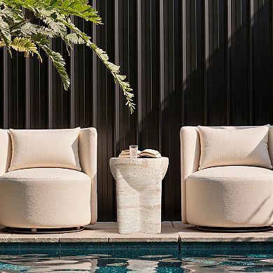 LuxenHome 18.3" Marbled Brown & White Round Side Table, Smooth Top with Textured Base, Patio Accent