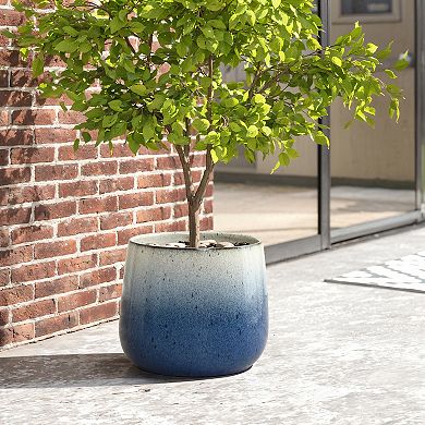 LuxenHome Decorative Blue Ombre Planter, 11.61" Round Ceramic Pot for Tabletop or Patio