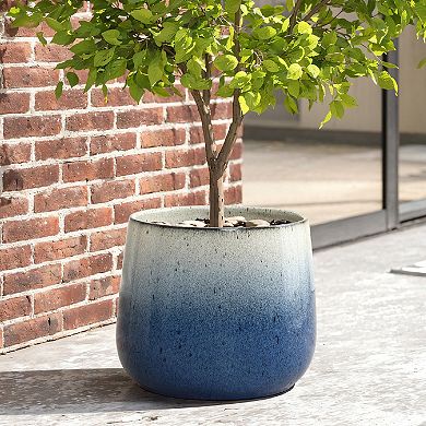 LuxenHome Decorative Blue Ombre Planter, 11.61" Round Ceramic Pot for Tabletop or Patio