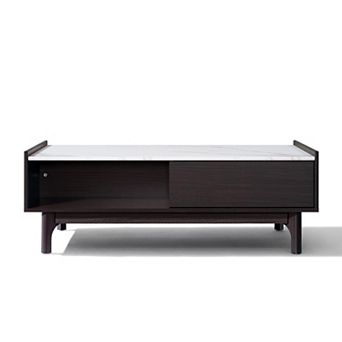 LuxenHome Modi Wenge Coffee Table with 1 Door, Open Storage & Raised Sides, Faux Marble Top