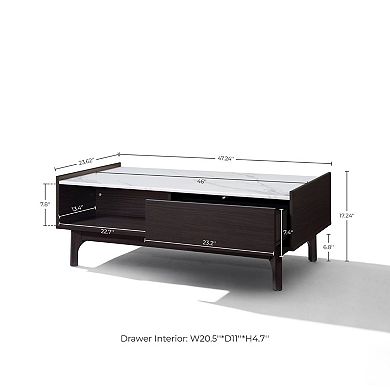 LuxenHome Modi Wenge Coffee Table with 1 Door, Open Storage & Raised Sides, Faux Marble Top