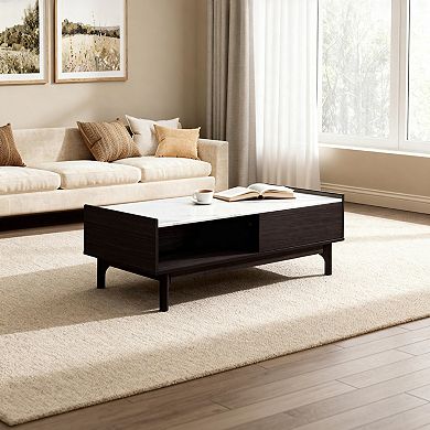 LuxenHome Modi Wenge Coffee Table with 1 Door, Open Storage & Raised Sides, Faux Marble Top