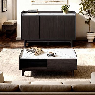 LuxenHome Modi Wenge Coffee Table with 1 Door, Open Storage & Raised Sides, Faux Marble Top