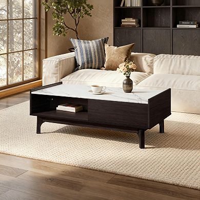 LuxenHome Modi Wenge Coffee Table with 1 Door, Open Storage & Raised Sides, Faux Marble Top