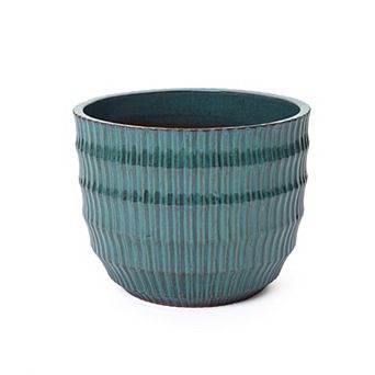 LuxenHome 14.2" Dia Coastal Blue Ceramic Plant Pot, Decorative Round Planter with Drainage Hole
