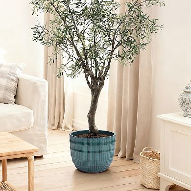 LuxenHome 14.2" Dia Coastal Blue Ceramic Plant Pot, Decorative Round Planter with Drainage Hole