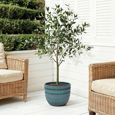 LuxenHome 14.2" Dia Coastal Blue Ceramic Plant Pot, Decorative Round Planter with Drainage Hole