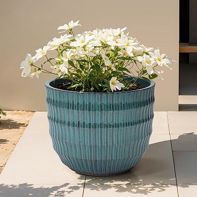 LuxenHome 14.2" Dia Coastal Blue Ceramic Plant Pot, Decorative Round Planter with Drainage Hole