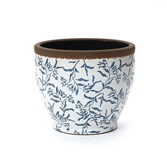 LuxenHome Blue Floral Ceramic Planter, Tapered Round, Indoor & Outdoor Garden Pot