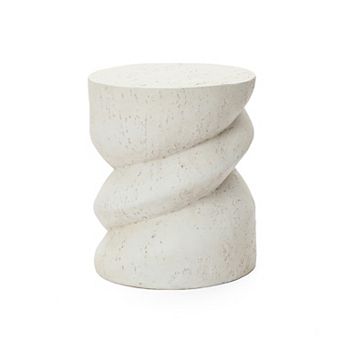 LuxenHome Distressed Off-White Round Spiral Outdoor Side Table, 19” MgO Patio Accent