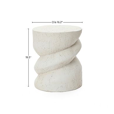LuxenHome 19" Ivory Outdoor Side Tables for Patio, Sculptural Modern End Table with Twisted Design
