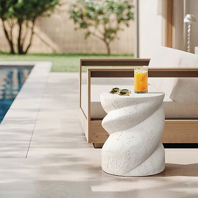 LuxenHome 19" Ivory Outdoor Side Tables for Patio, Sculptural Modern End Table with Twisted Design