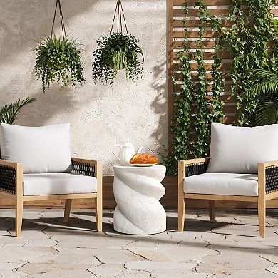 LuxenHome 19" Ivory Outdoor Side Tables for Patio, Sculptural Modern End Table with Twisted Design