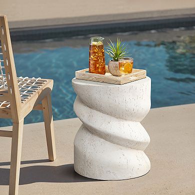 LuxenHome 19" Ivory Outdoor Side Tables for Patio, Sculptural Modern End Table with Twisted Design