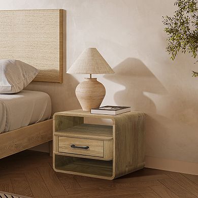 LuxenHome Small Night Stand with Drawer, 15.7" H Light Oak Bedside Table for Bedroom, Living Room