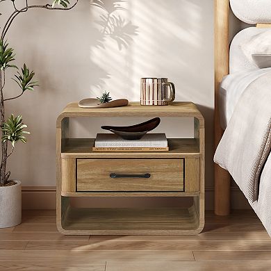 LuxenHome Small Night Stand with Drawer, 15.7" H Light Oak Bedside Table for Bedroom, Living Room