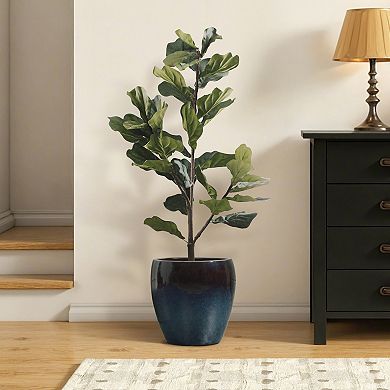 LuxenHome 12" Gradient Blue Round Ceramic Planter, Glazed Plant Pots with Drainage