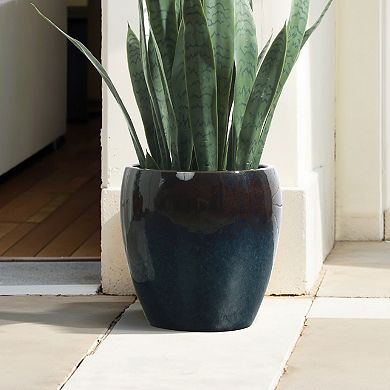 LuxenHome 12" Gradient Blue Round Ceramic Planter, Glazed Plant Pots with Drainage