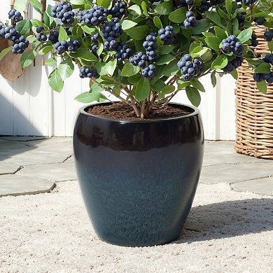 LuxenHome 12" Gradient Blue Round Ceramic Planter, Glazed Plant Pots with Drainage