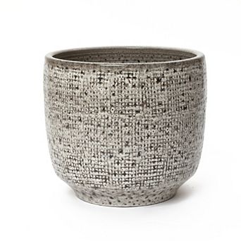 LuxenHome Stone Speckle Textured Ceramic Planter, 15.75" Gray Grid-Pattern Pot