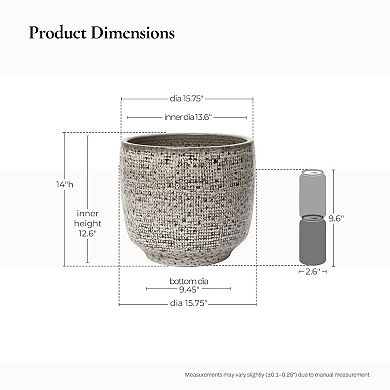 LuxenHome Stone Speckle Textured Ceramic Planter, 15.75" Gray Grid-Pattern Pot