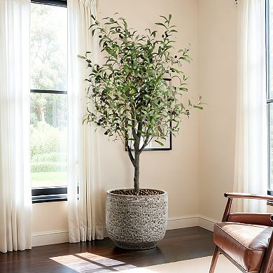 LuxenHome Stone Speckle Textured Ceramic Planter, 15.75" Gray Grid-Pattern Pot