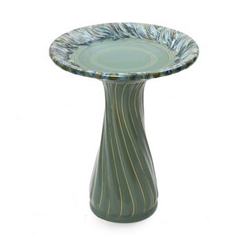 LuxenHome Marine Green Ceramic Birdbath with Swirl Pattern, 22.6-Inch Outdoor Garden Accent