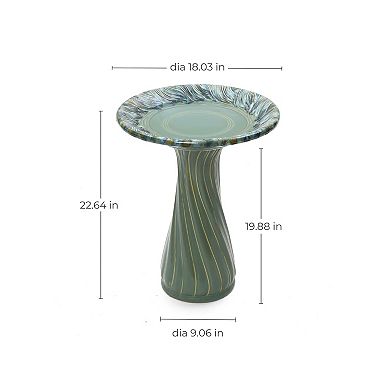 LuxenHome 22.6" Elegant Ceramic Bird Bath for Outside with Leaves and Swirl Pattern, Green