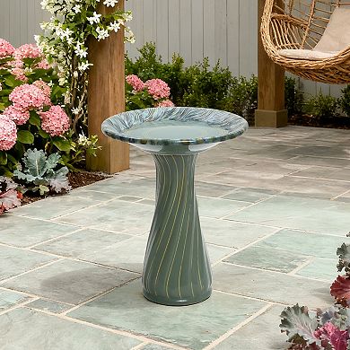LuxenHome 22.6" Elegant Ceramic Bird Bath for Outside with Leaves and Swirl Pattern, Green